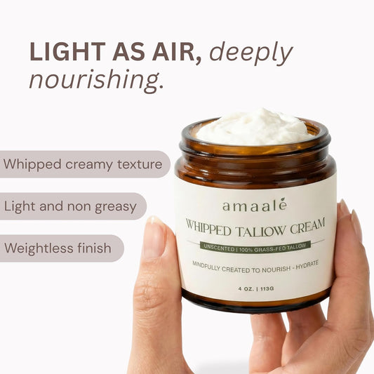 100% Grass-Fed Whipped Tallow Cream (Unscented) - Halal-Certified Beef Tallow for Skin with Organic Raw Honey, Olive Oil & Vitamin E - Natural Face & Body Moisturizer for All Skin Types, 4 oz