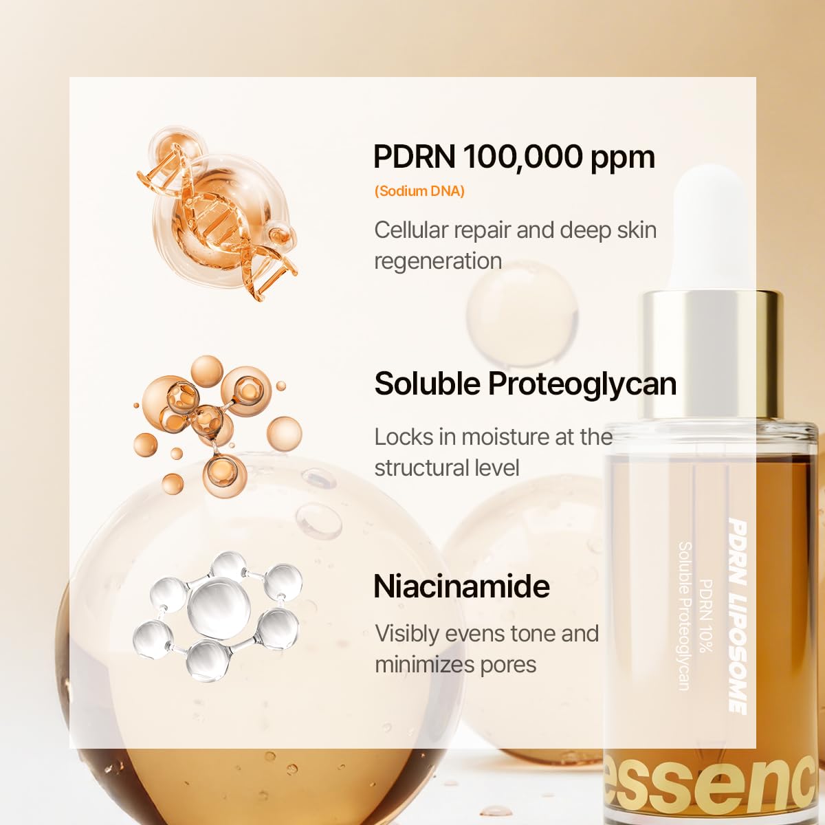 Essenciel PDRN Serum, 100,000 PPM 10% PDRN Salmon DNA Nano Liposome Korean Facial Ampoule, Lightweight Hydrating Essence for Plump, Dewy-Looking Skin, All Skin Types, 1.01 Fl Oz (30ml)