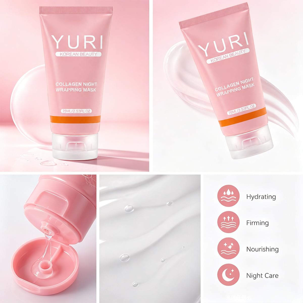 YURI Collagen Mask, Collagen Night Wrapping Peel-Off Mask, Hydrating & Firming Overnight Face Mask, Easy Peel Skincare for Smooth & Glowing Skin, Ideal Gift for Women & Teens, 2.54 Fl Oz