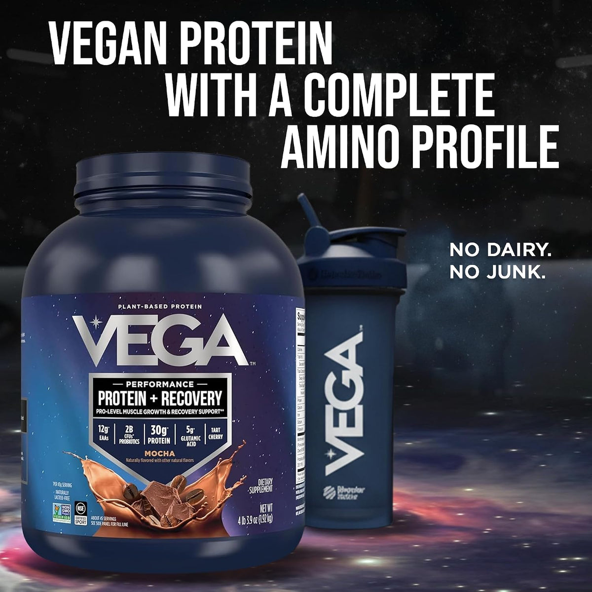 Vega Protein + Recovery, Mocha – 30g Vegan Protein, Dairy & Gluten Free, Probiotics, NSF Certified, 67.2 oz (45 Servings)