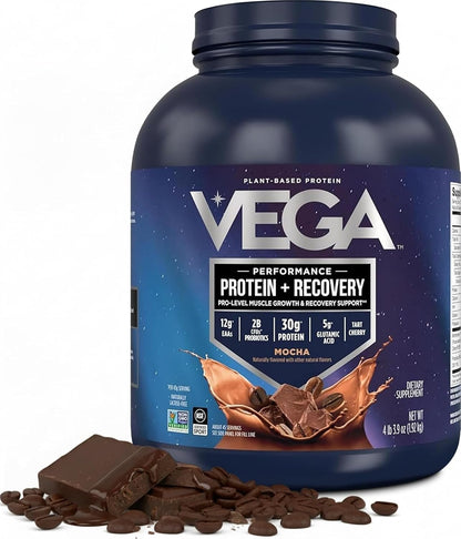 Vega Protein + Recovery, Mocha – 30g Vegan Protein, Dairy & Gluten Free, Probiotics, NSF Certified, 67.2 oz (45 Servings)