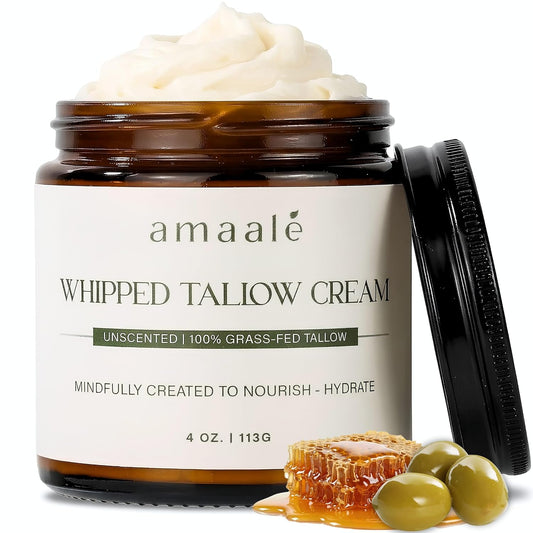 100% Grass-Fed Whipped Tallow Cream (Unscented) - Halal-Certified Beef Tallow for Skin with Organic Raw Honey, Olive Oil & Vitamin E - Natural Face & Body Moisturizer for All Skin Types, 4 oz