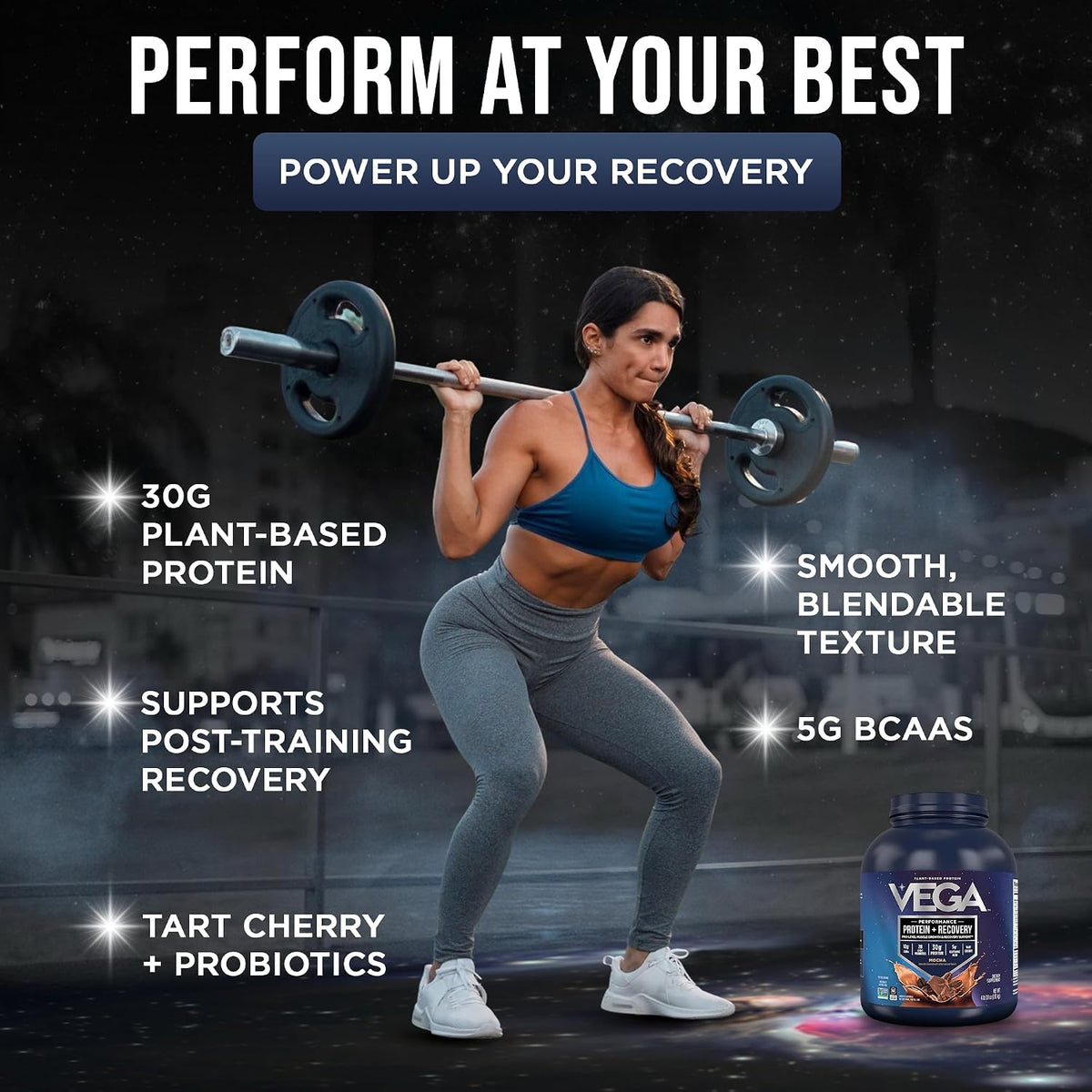 Vega Protein + Recovery, Mocha – 30g Vegan Protein, Dairy & Gluten Free, Probiotics, NSF Certified, 67.2 oz (45 Servings)